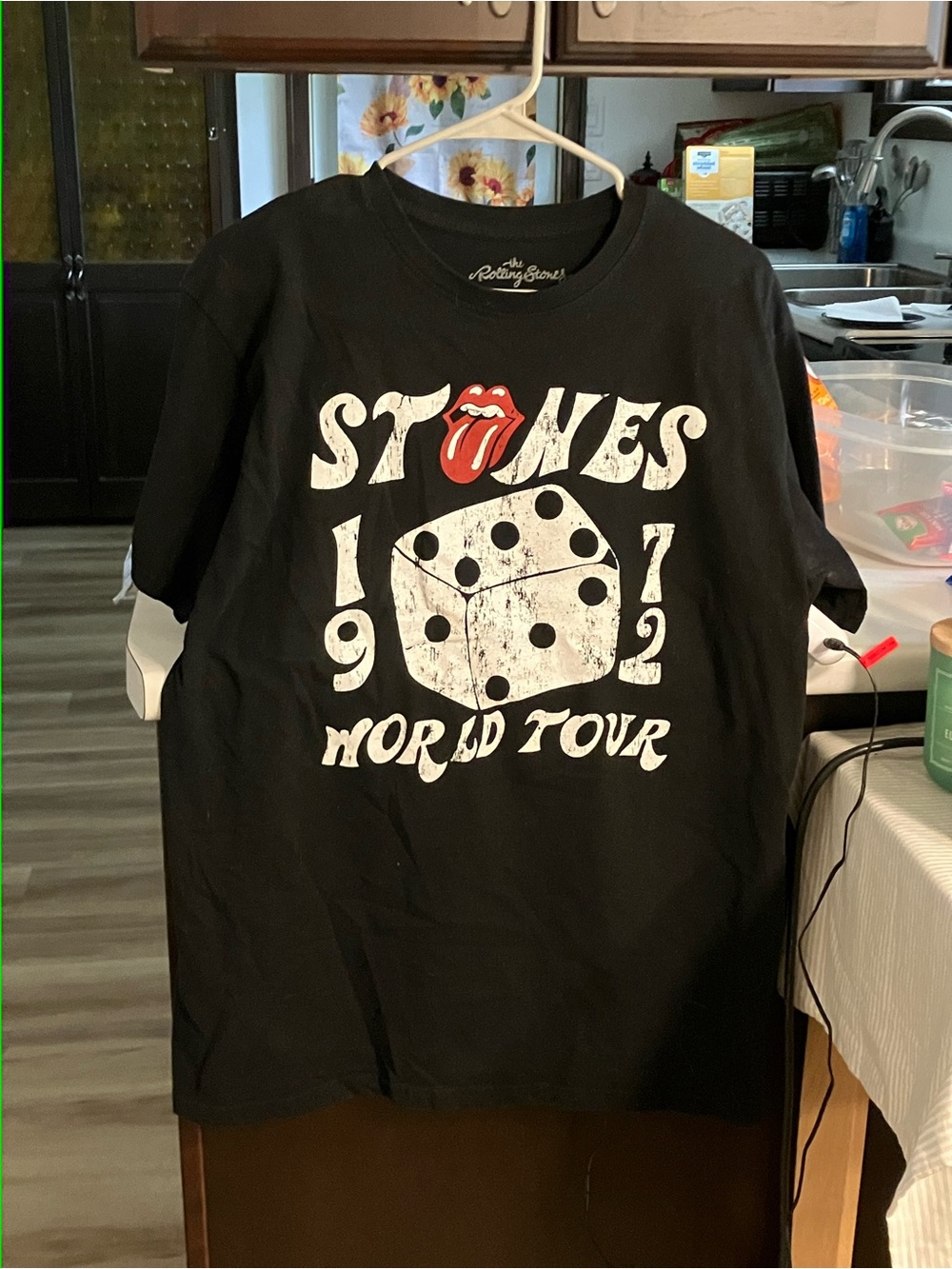the Rolling Stones Black Tee with White Dice Graphic 1972 World Tour